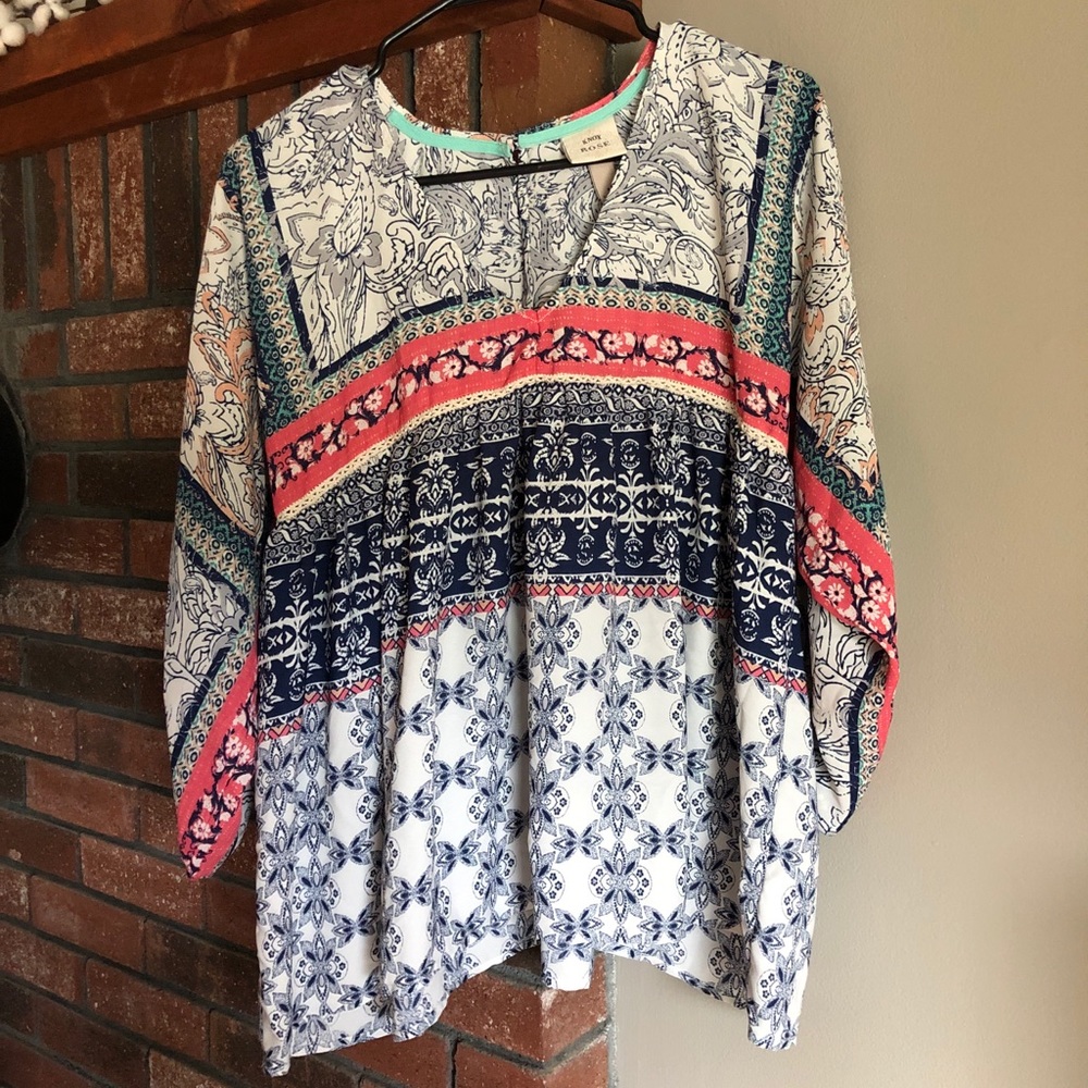 V-neck babydoll 3/4 length multi-print blouse